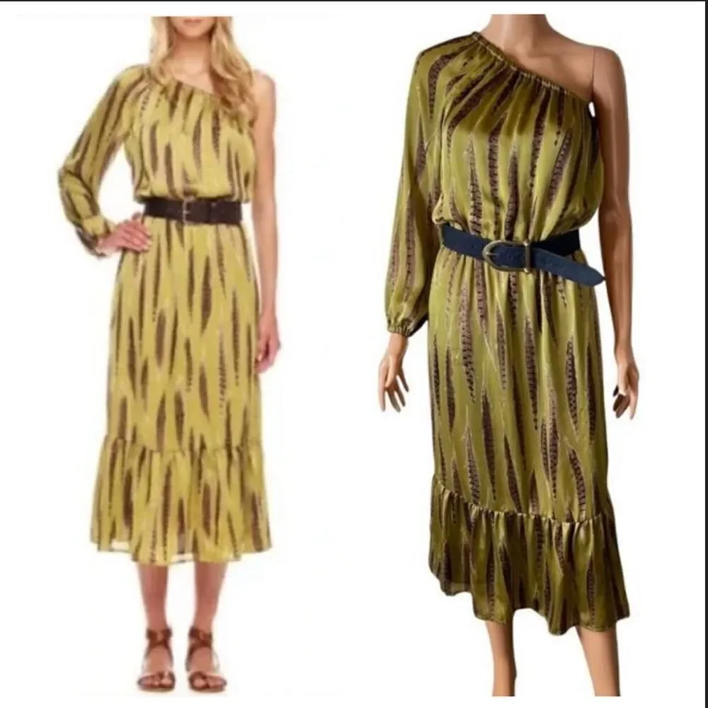 Michael Kors Tarragon Peasant One Shoulder MIDI Dress XSMALL